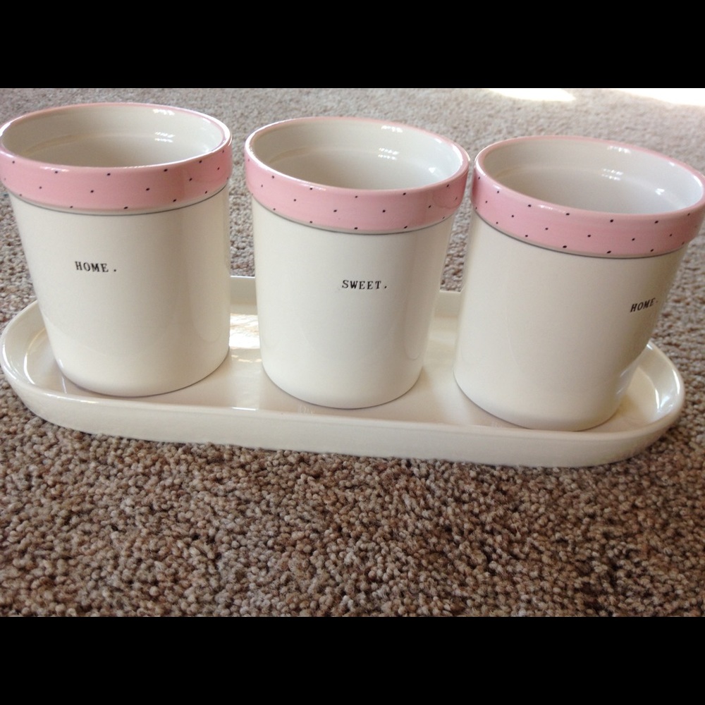 Rae Dunn 3 pottery containers with plate